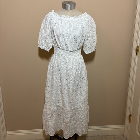 Betsey Johnson Eyelet White Off-the-Shoulder Puff Sleeve Midi Dress Peasant - Picture 1 of 9